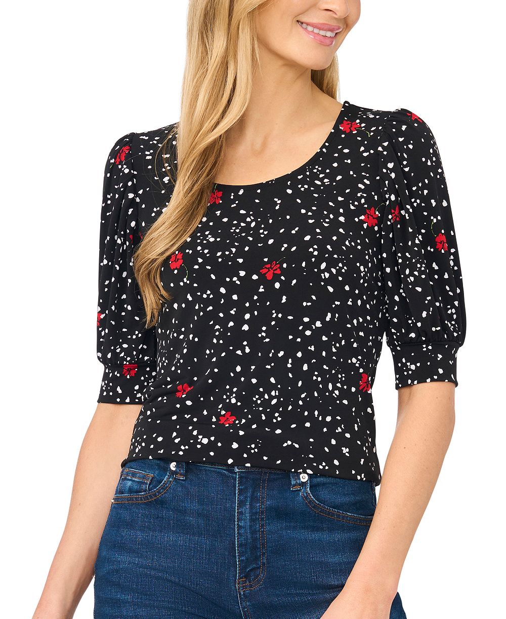 CeCe Women's Printed Scoop Neck Shirred Top