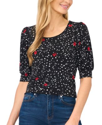 CeCe Women's Printed Scoop Neck Shirred Top