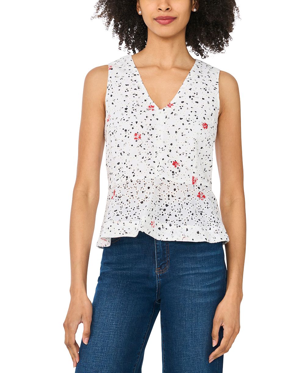 CeCe Women's Printed V-Neck Sleeveless Flowy Blouse