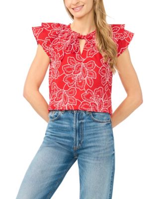 CeCe Women's Printed Flutter-Sleeve Tie-Neck Top