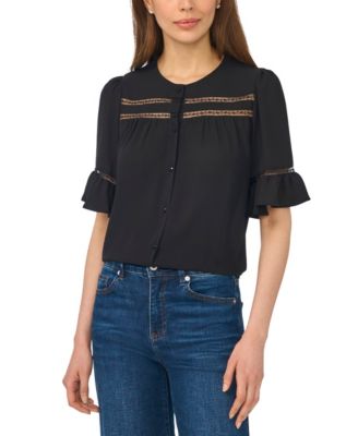 CeCe Women's Ruffle-Sleeve Horizontal Lace Insets Top