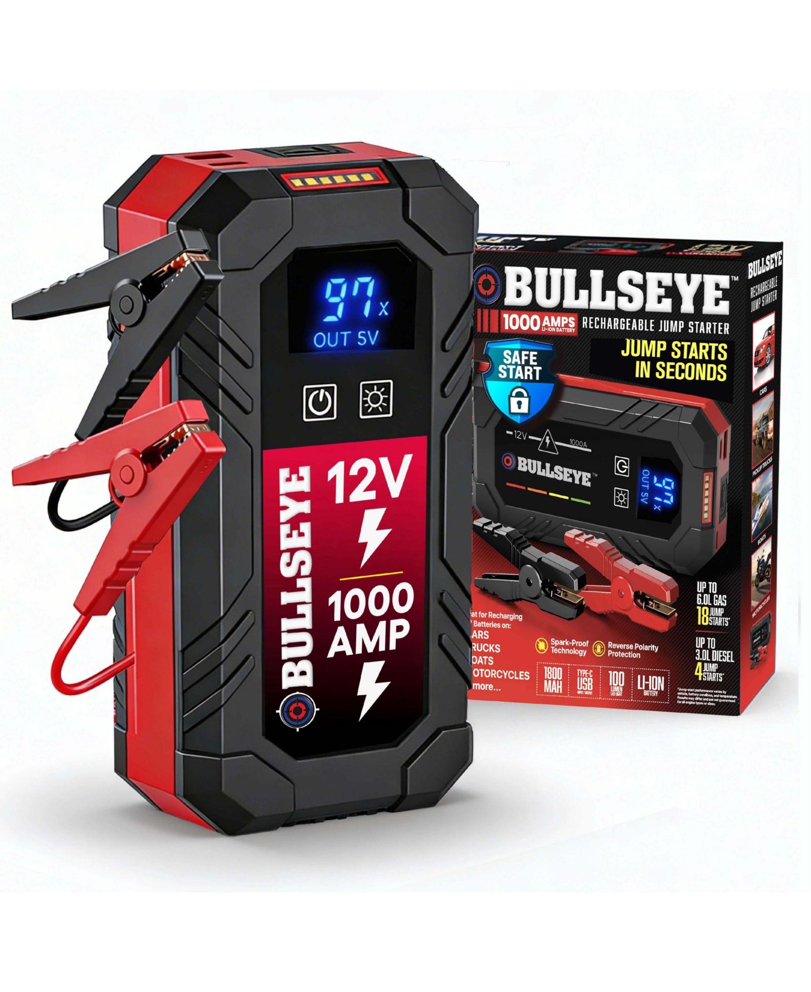 Bullseye 12V 1800mAh Rechargeable Portable Battery Jump Starter with Light, Power Bank