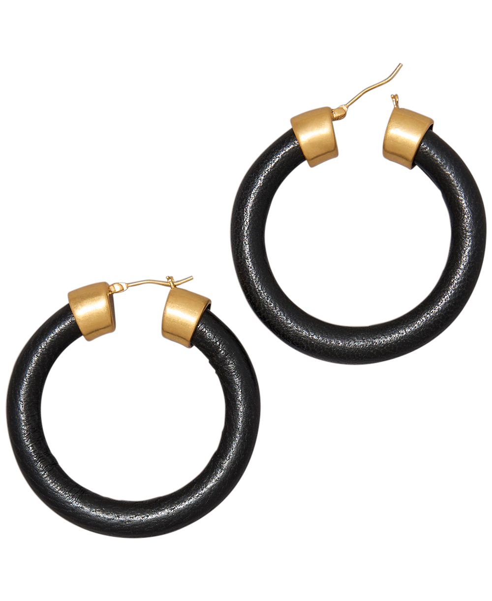 Серьги-кольца Donna Karan New York Black Leather Gold-Tone