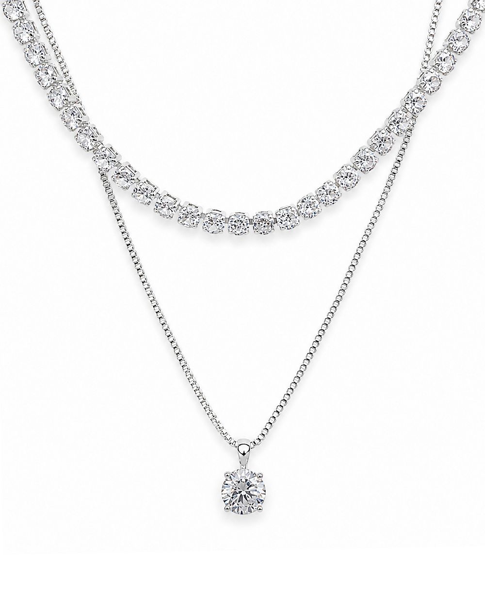 And Now This Cubic Zirconia Fine Silver-Tone Plated Double Strand Tennis Pendant Necklace