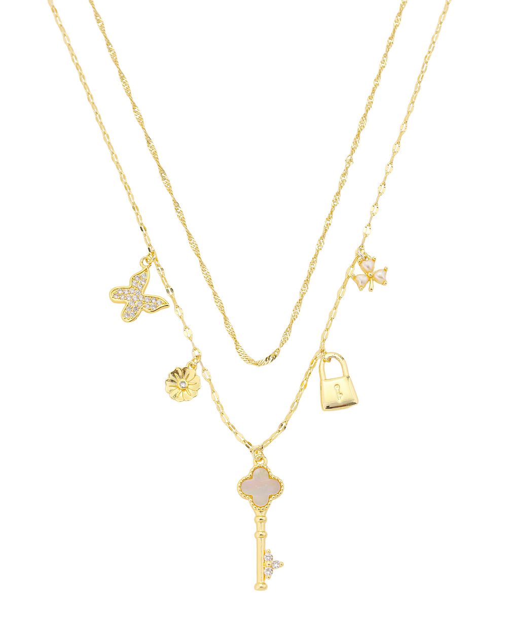 Набор многослойных ожерелий Unwritten Cubic Zirconia and Imitation Pearl Gold-Plated Lock and Key Charm
