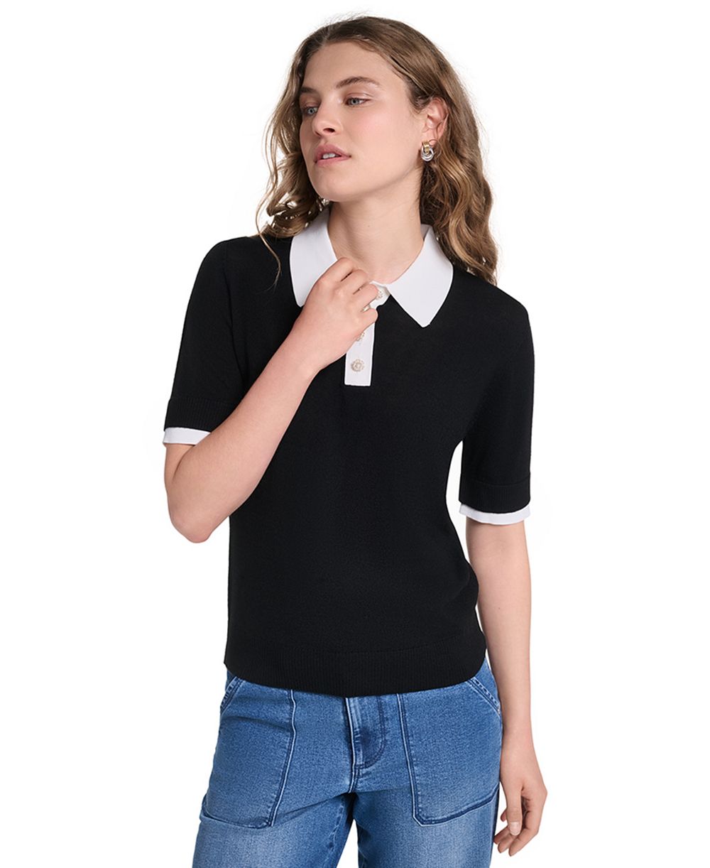KARL LAGERFELD PARIS Petite Short-Sleeve Contrast Collar Sweater