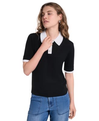 KARL LAGERFELD PARIS Petite Short-Sleeve Contrast Collar Sweater