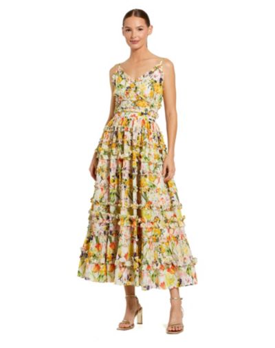 Mac Duggal Women's Floral Print Tiered Ruffle Midi Dress
