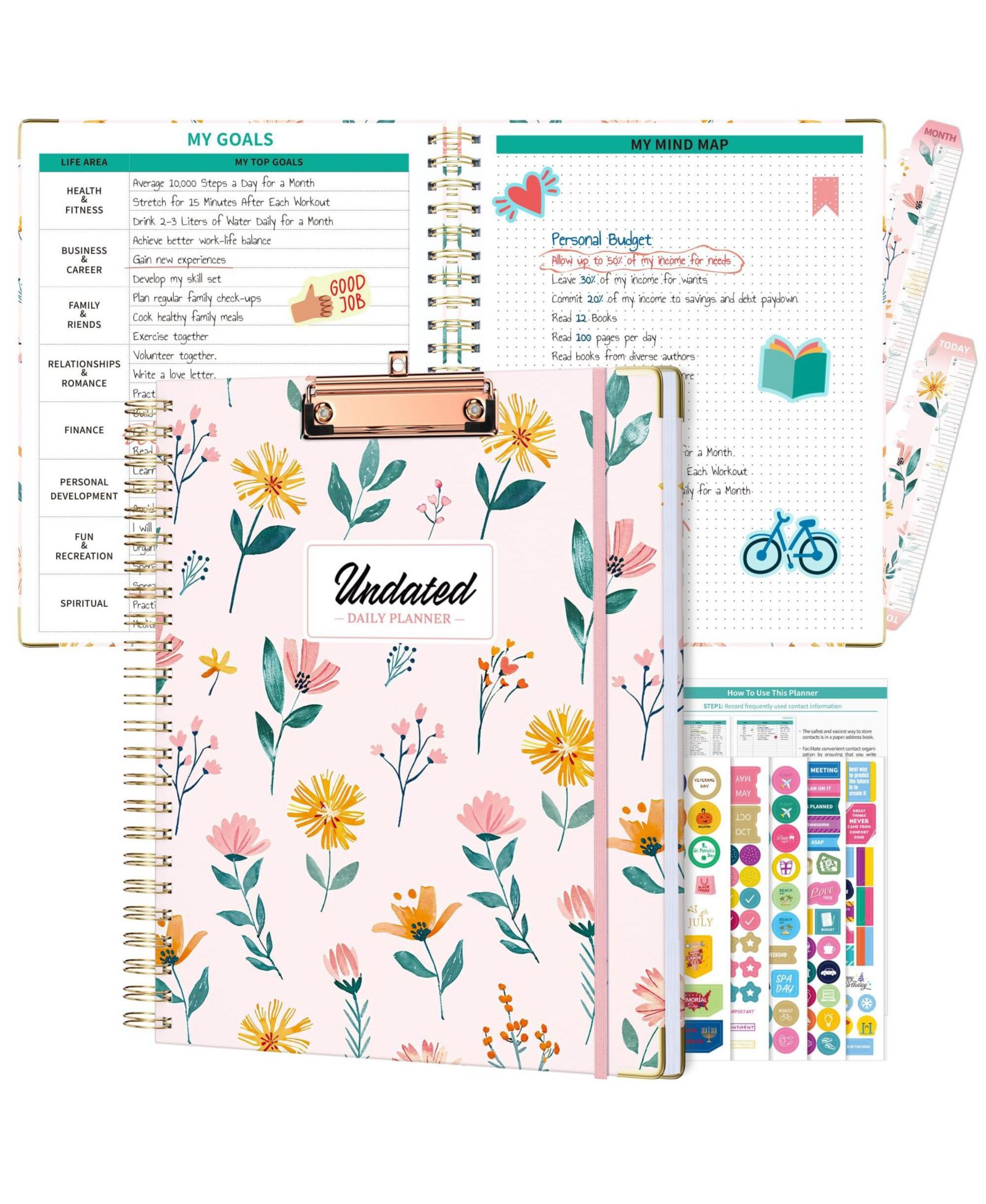 GNUADZ Spiral Planner Undated Daily Weekly Monthly Hourly Work Hardcover