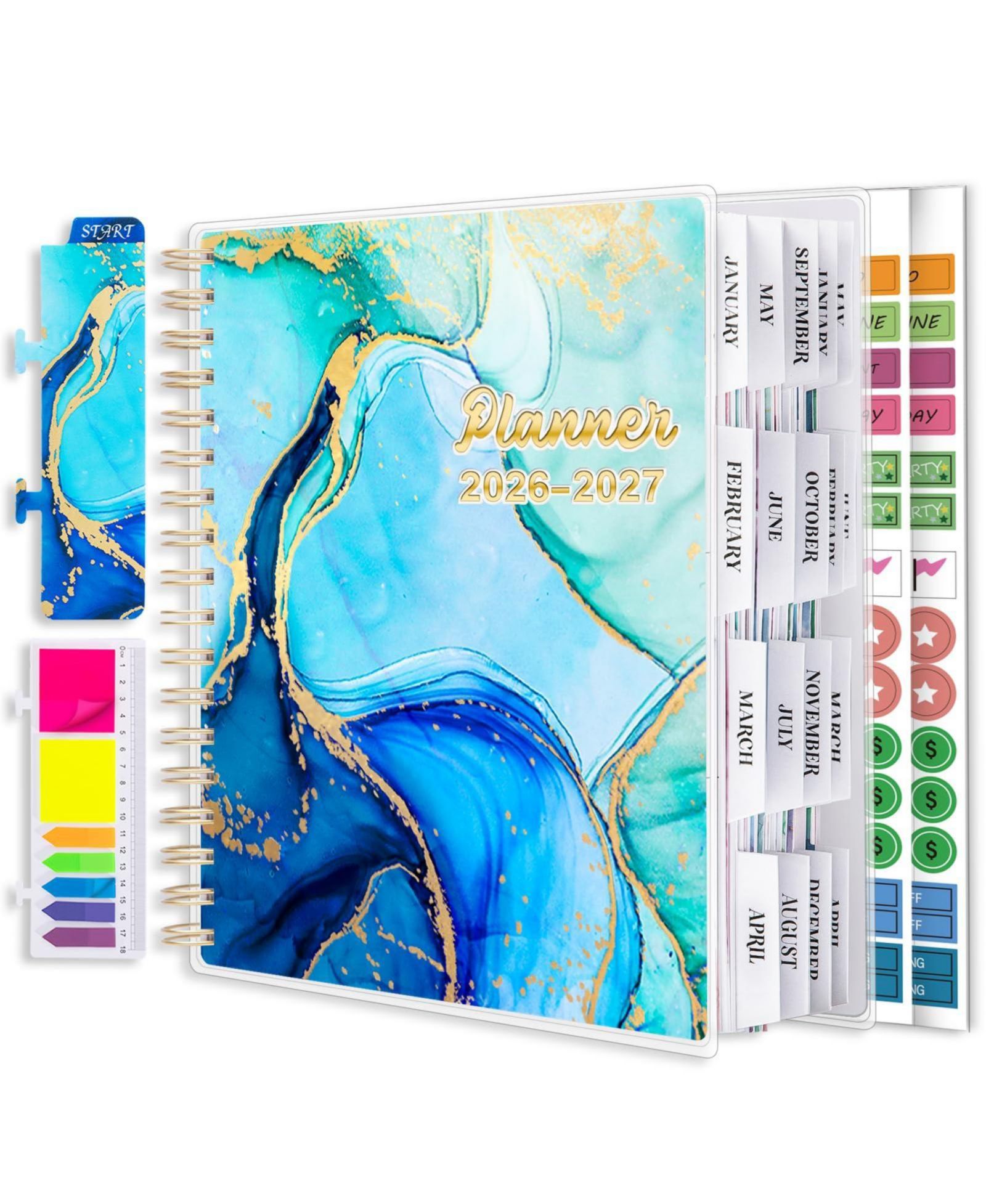 GNUADZ Academic Planner  18 Months Daily Weekly Monthly Agenda Feather Tabs Pocket Stickers 2026-2027