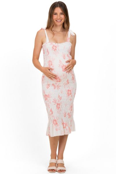 Pinkblush Women's Peach Floral Shoulder Tie Fitted Midi Dress