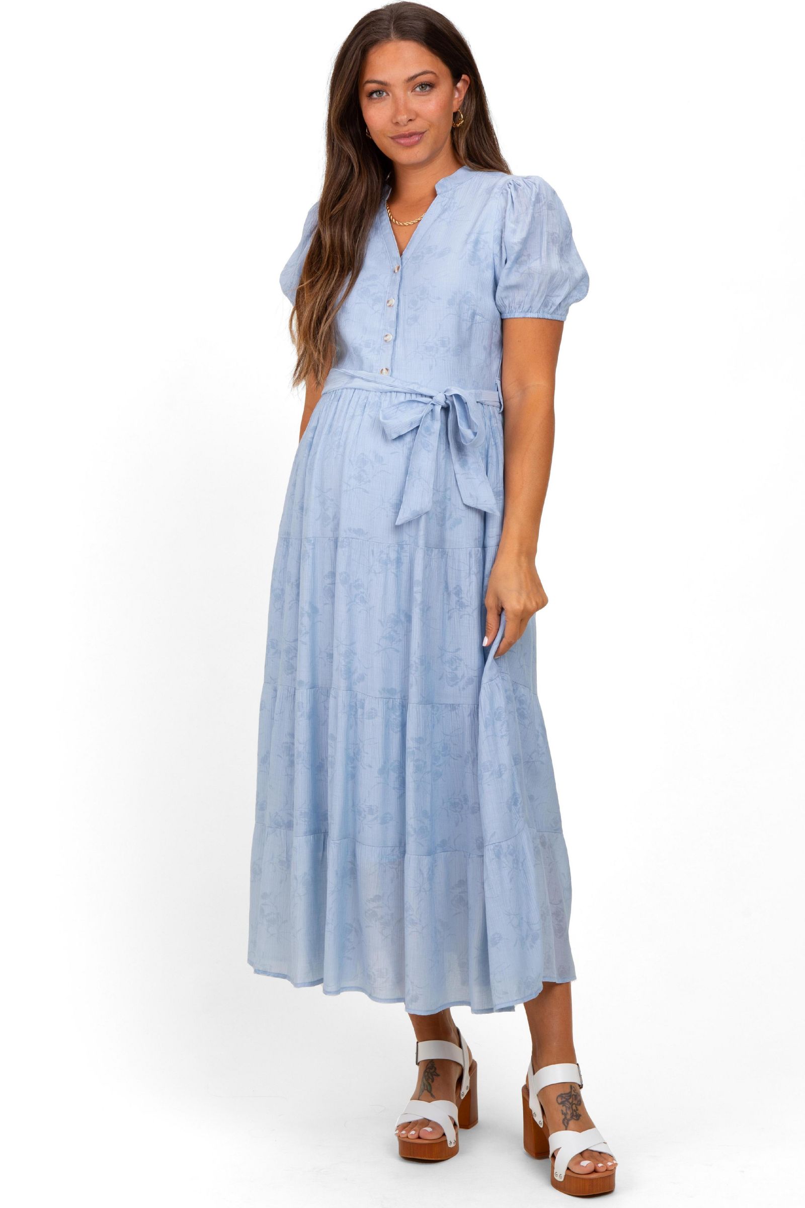 Pinkblush Women's Light Blue Split Neckline Tiered Midi Dress