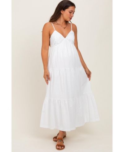 Pinkblush Women's White Crochet Flare Smocked Maxi Dress
