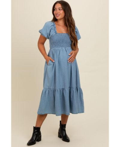 Миди-платье Pinkblush Women's Light Blue Vintage Wash Chambray Smocked, Женское