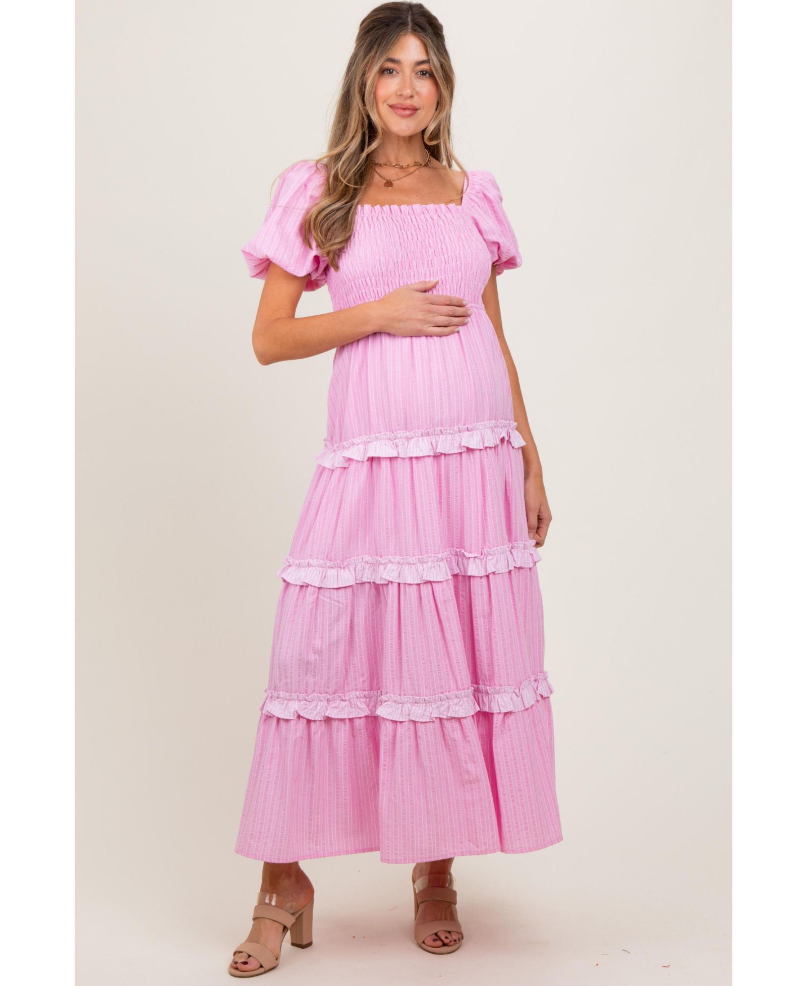 Pinkblush Women's Pink Smocked Ruffle Tiered Puff Sleeve Maxi Dress