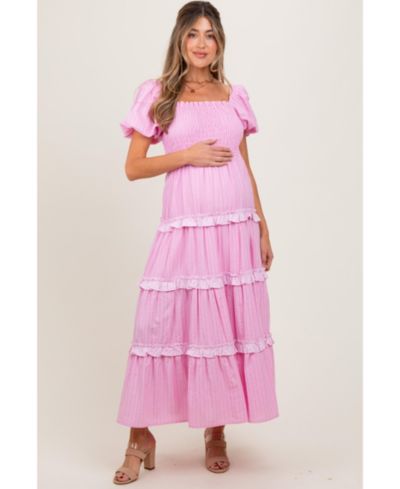 Pinkblush Women's Pink Smocked Ruffle Tiered Puff Sleeve Maxi Dress