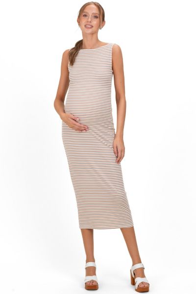 Женское миди-платье Pinkblush Olive Striped с вырезом лодочкой и без рукавов
