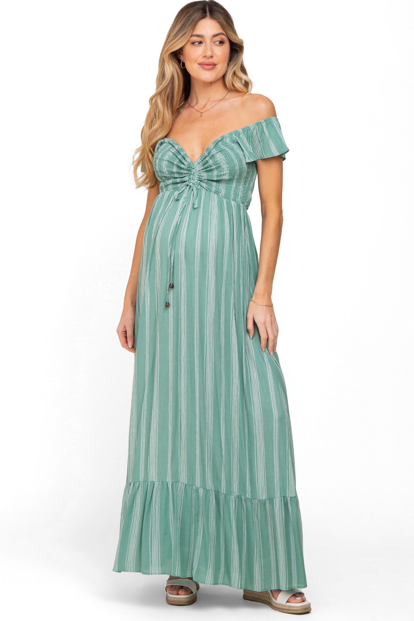 Pinkblush Women's Green Striped Off Shoulder Front Tie Maxi Dress