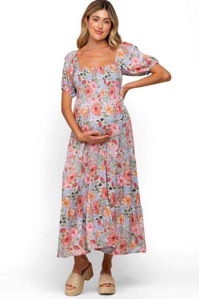 Женское платье Pinkblush Women's Blue Floral Smocked Square Neck Tiered Maxi