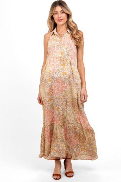 Женское макси-платье Pinkblush Peach Floral Sleeveless Button Tiered Collared