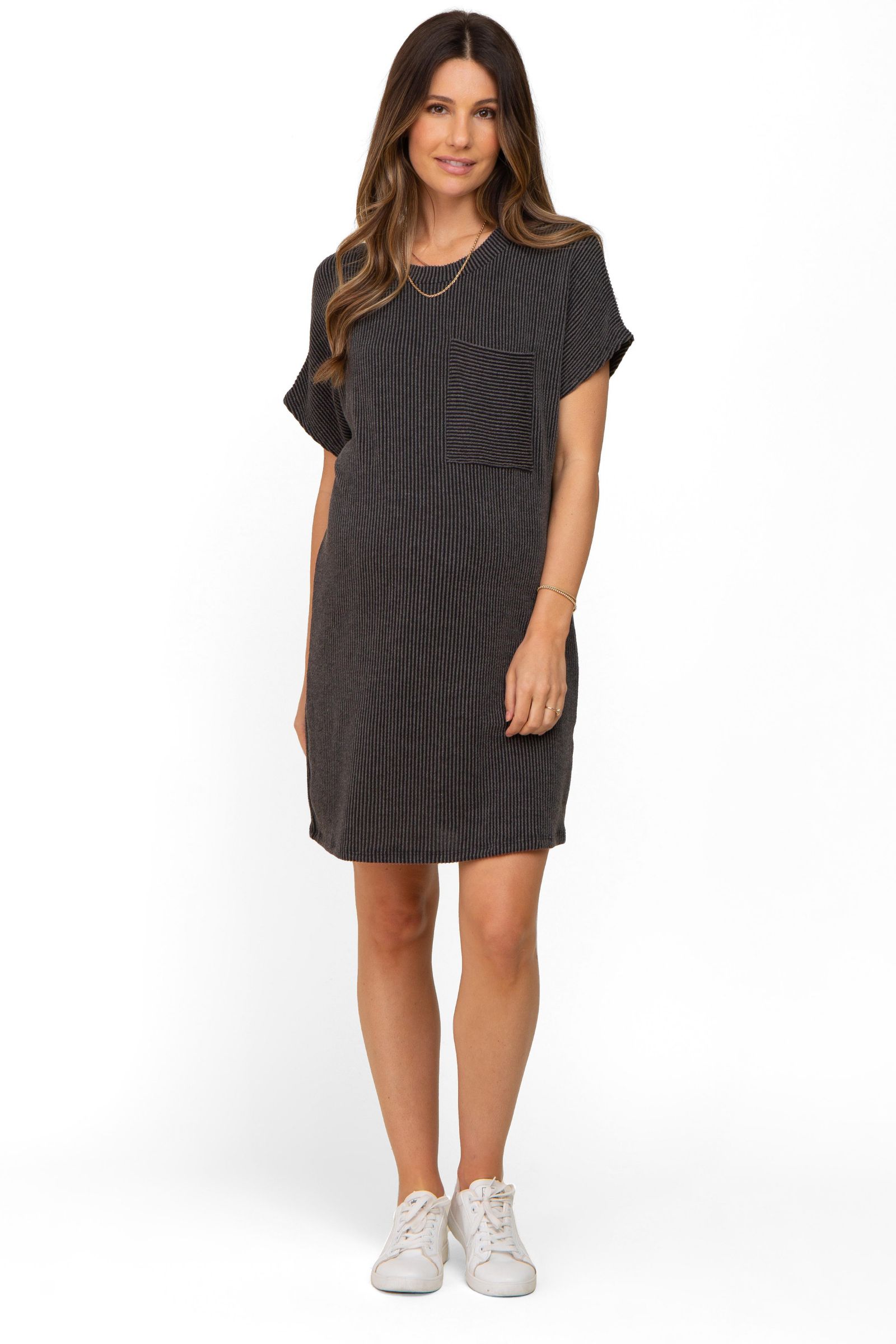 Pinkblush Women's Charcoal Ribbed Front Pocket Dolman Short Sleeve Dress