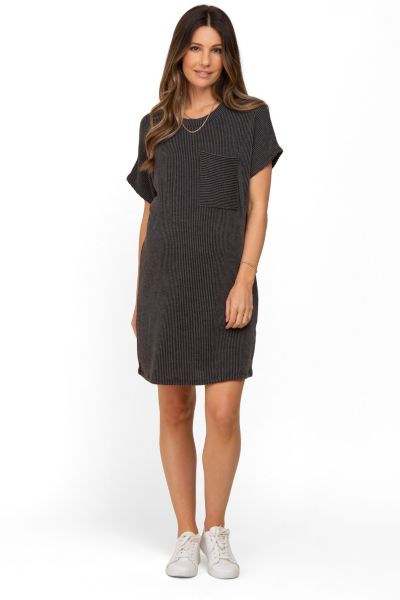 Pinkblush Women's Charcoal Ribbed Front Pocket Dolman Short Sleeve Dress