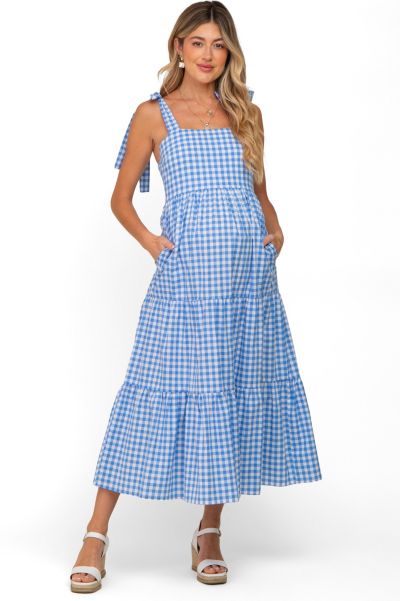 Pinkblush Women's Blue Checkered Sleeveless Tiered Maxi Dress