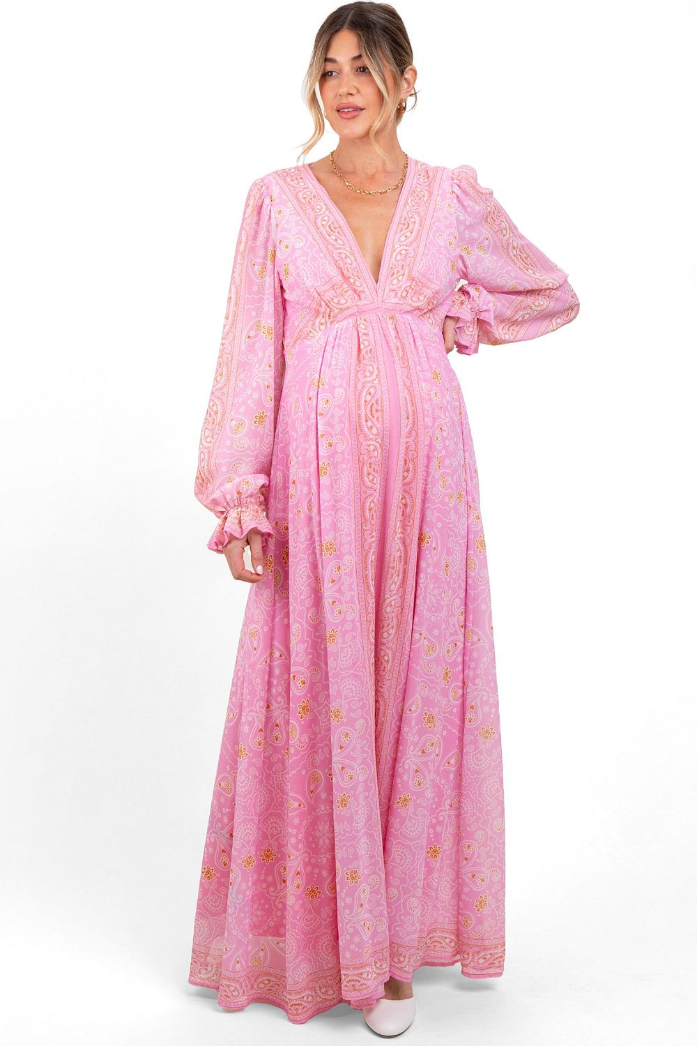 Женское платье Pinkblush Pink Paisley Deep V-Neck Long Sleeve Maxi