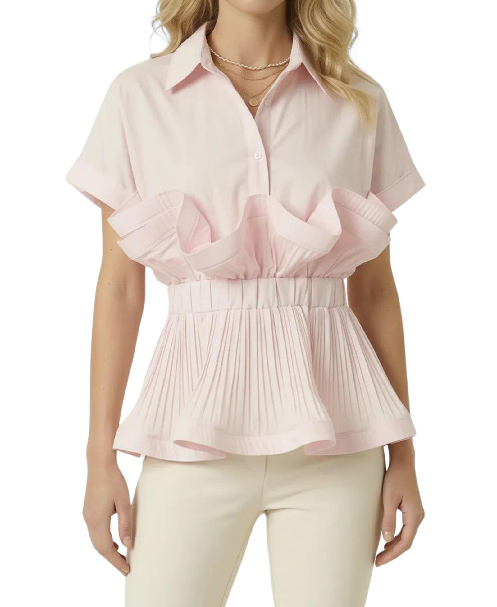 Modenaire Women's Ruffle Collared-Neck Peplum Blouse