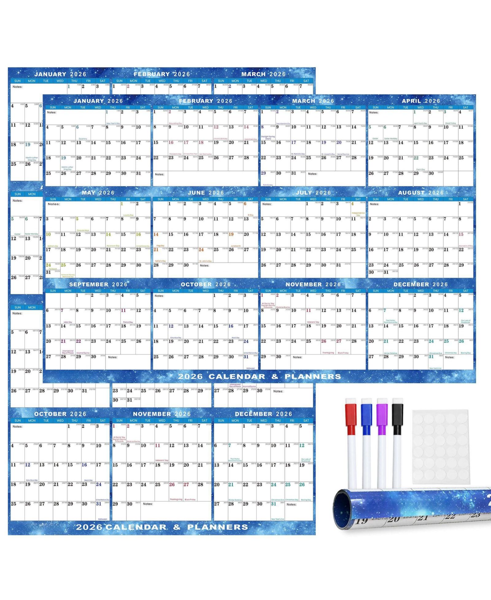 GNUADZ 2026 Wall Calendar Erasable Starry Sky Wet Dry Erase Large Laminated Annual Yearly Planner