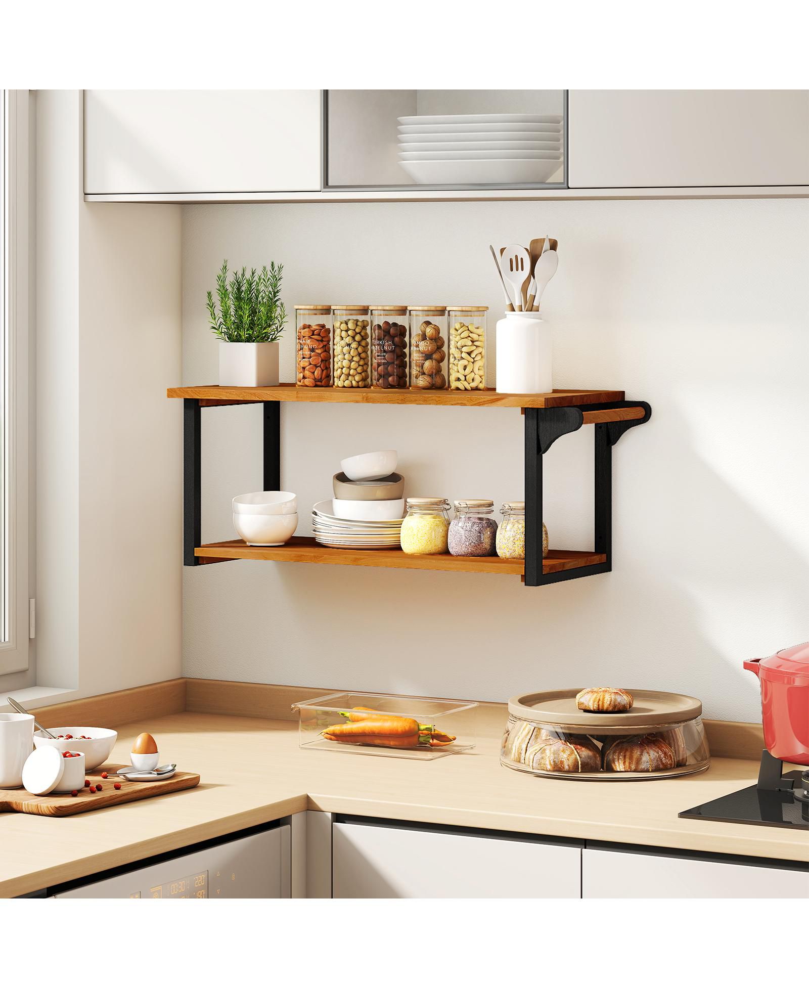 sumyeg Teak Wood Wall Mounted Floating Shelves with Integrated Towel Bar