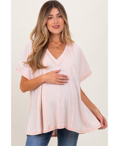 Pinkblush Women's Mauve Striped Ribbed V-Neck Oversized Short Sleeve Top