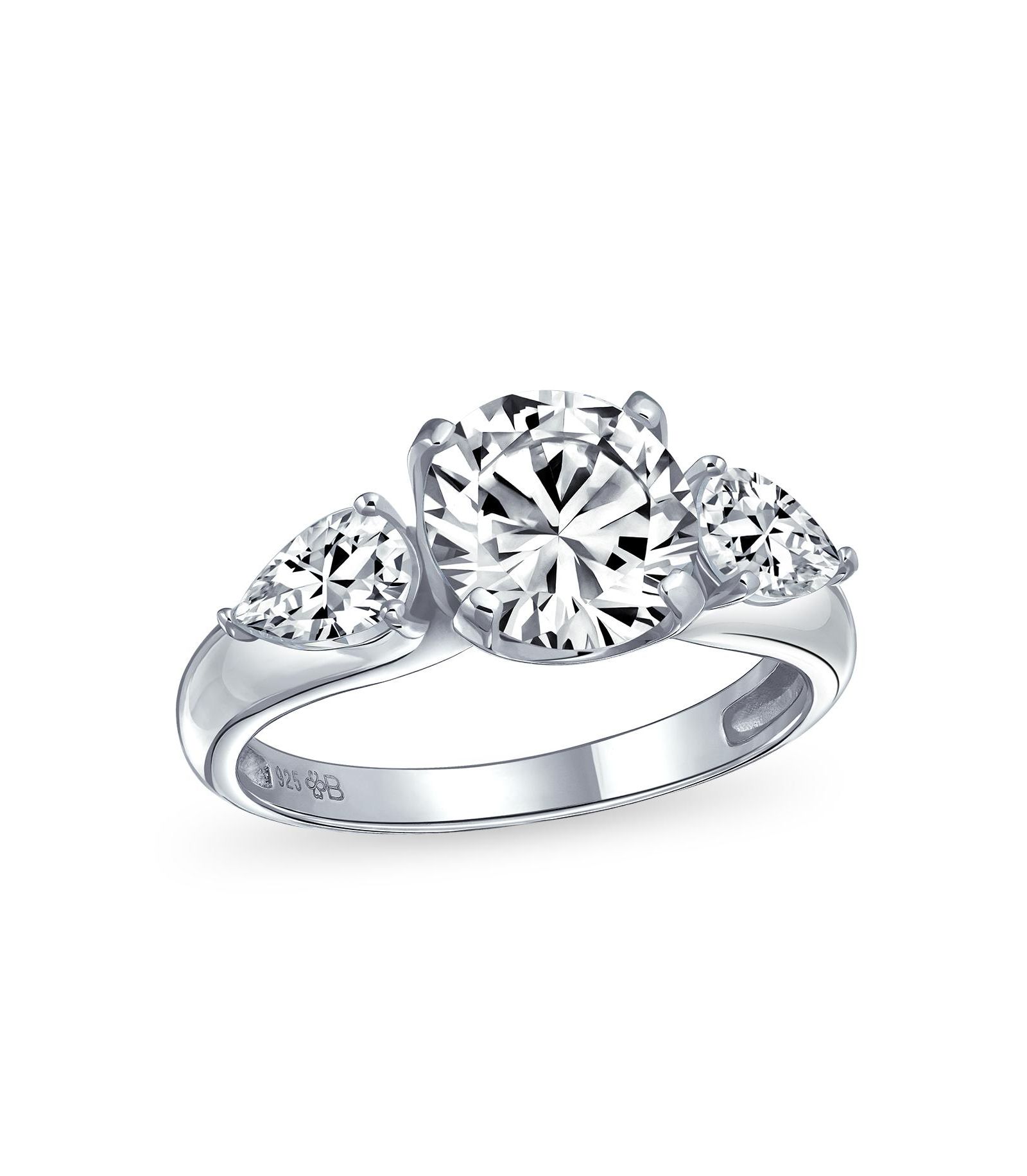 Bling Jewelry Timeless 3CT CZ Trillion Side Stones Cubic Zirconia Solitaire Round Promise Ring .925 Sterling Silver