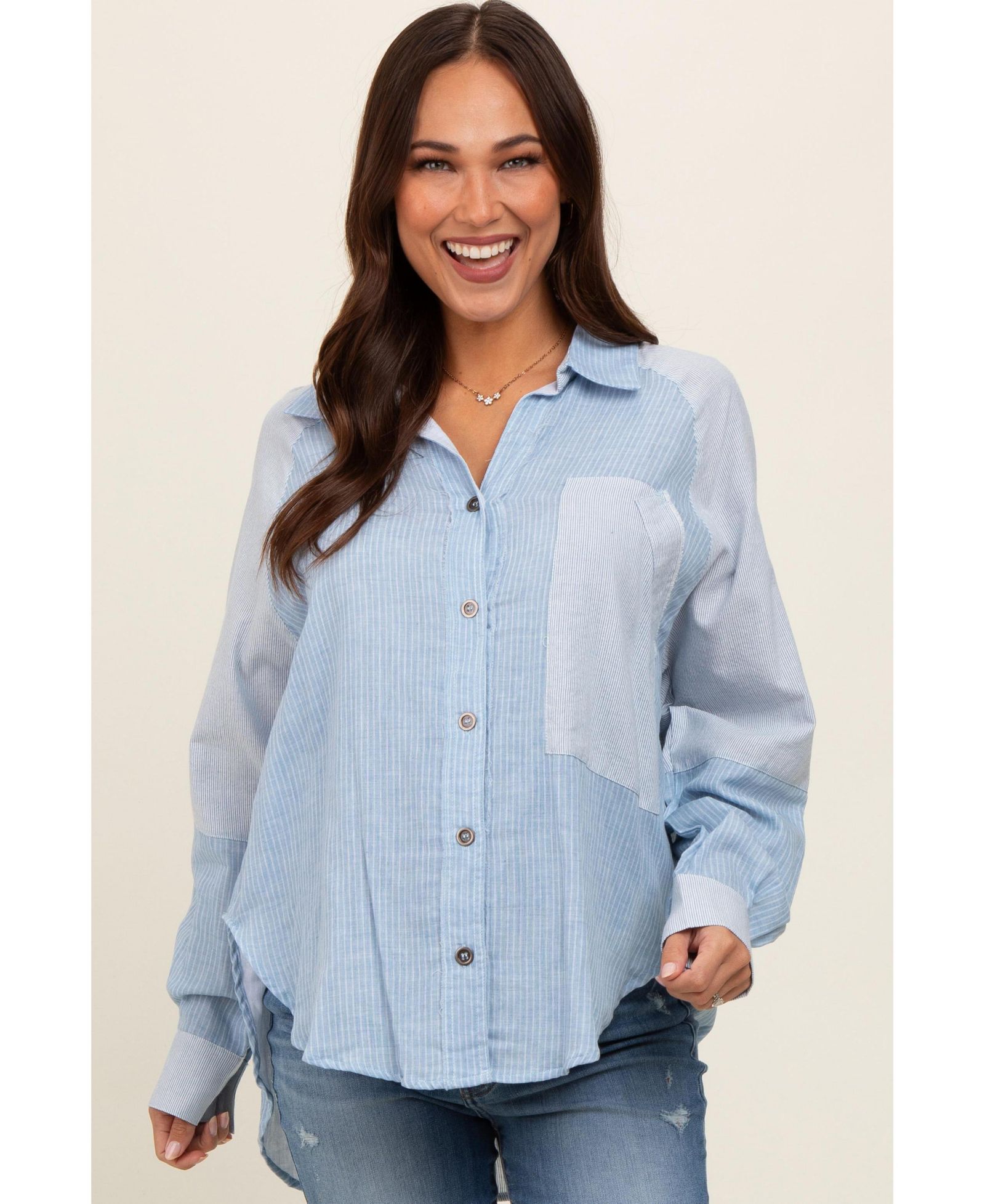 Pinkblush Women's Light Blue Striped Colorblock Button Up Top