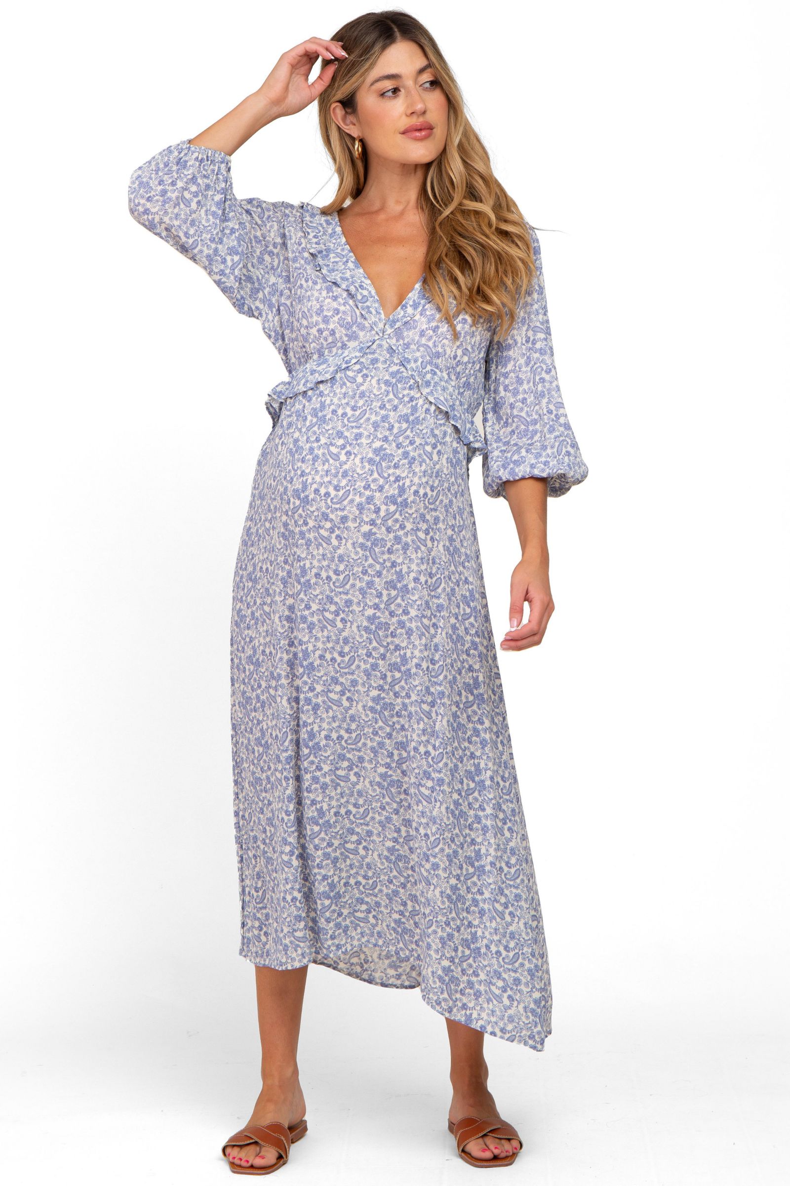 Женское платье Pinkblush Blue Floral Ruffle V-Neck Midi