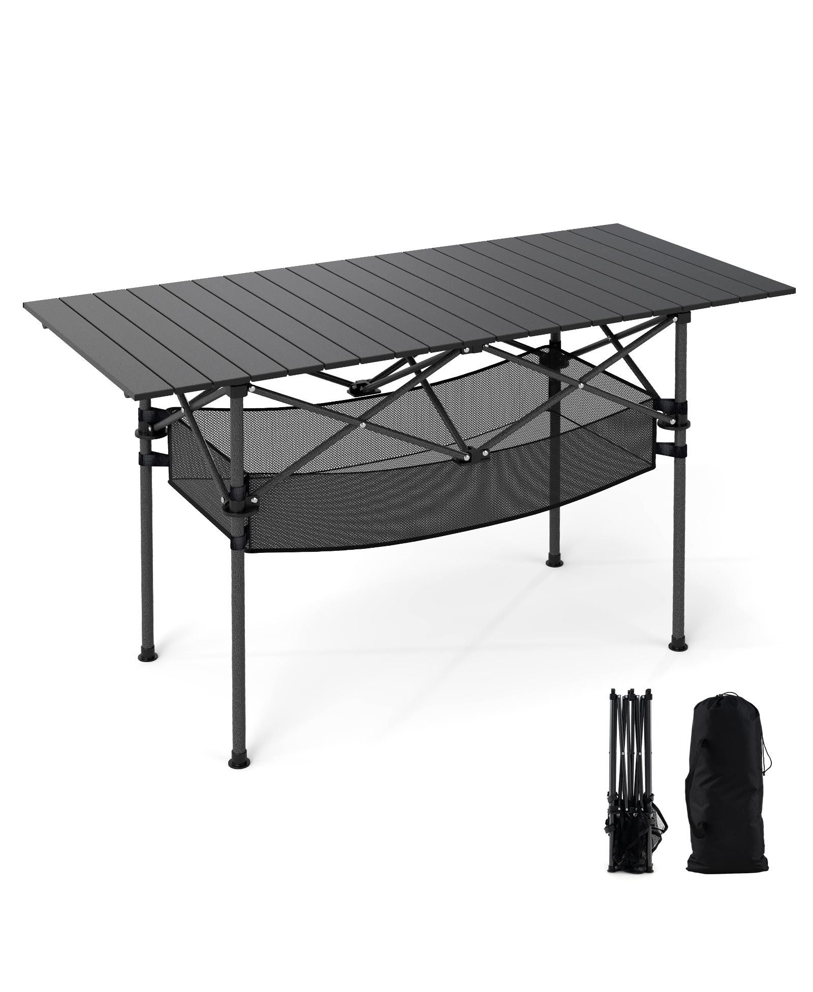 SUGIFT Patio Folding Camping Table with Roll-up Tabletop and Mesh Basket