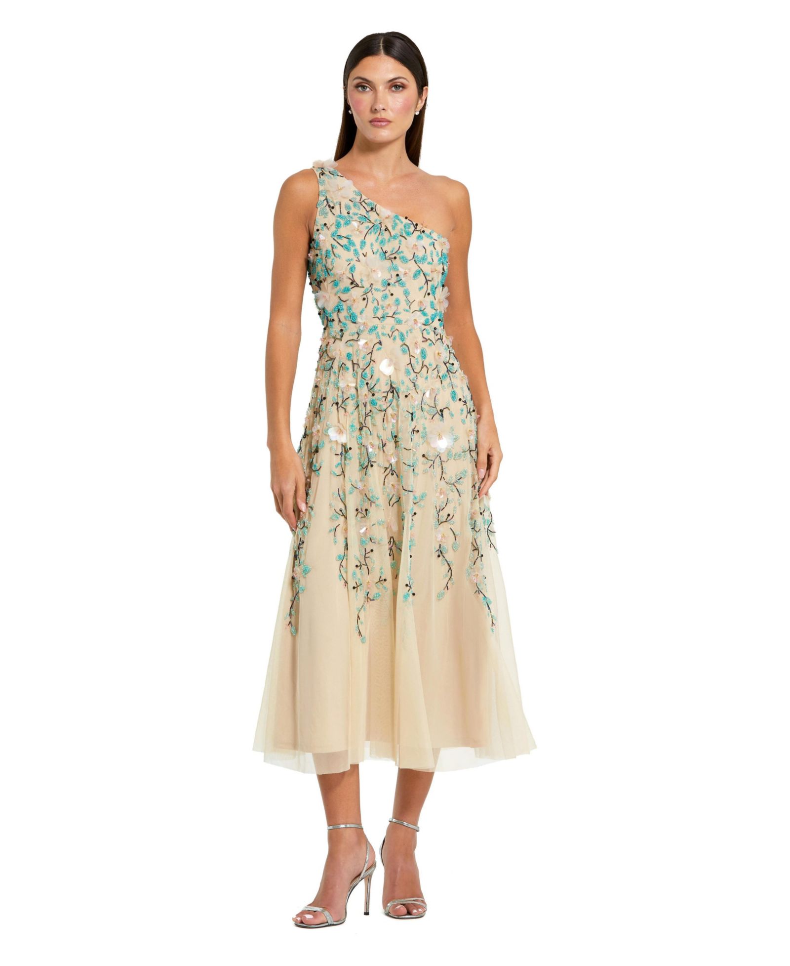 Mac Duggal Women's Floral Embellished Mesh One Shoulder Midi Dress