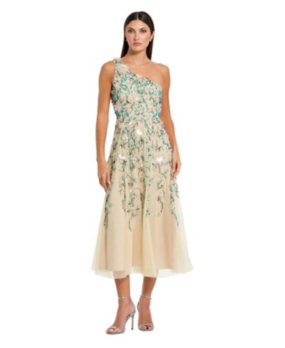 Mac Duggal Women's Floral Embellished Mesh One Shoulder Midi Dress
