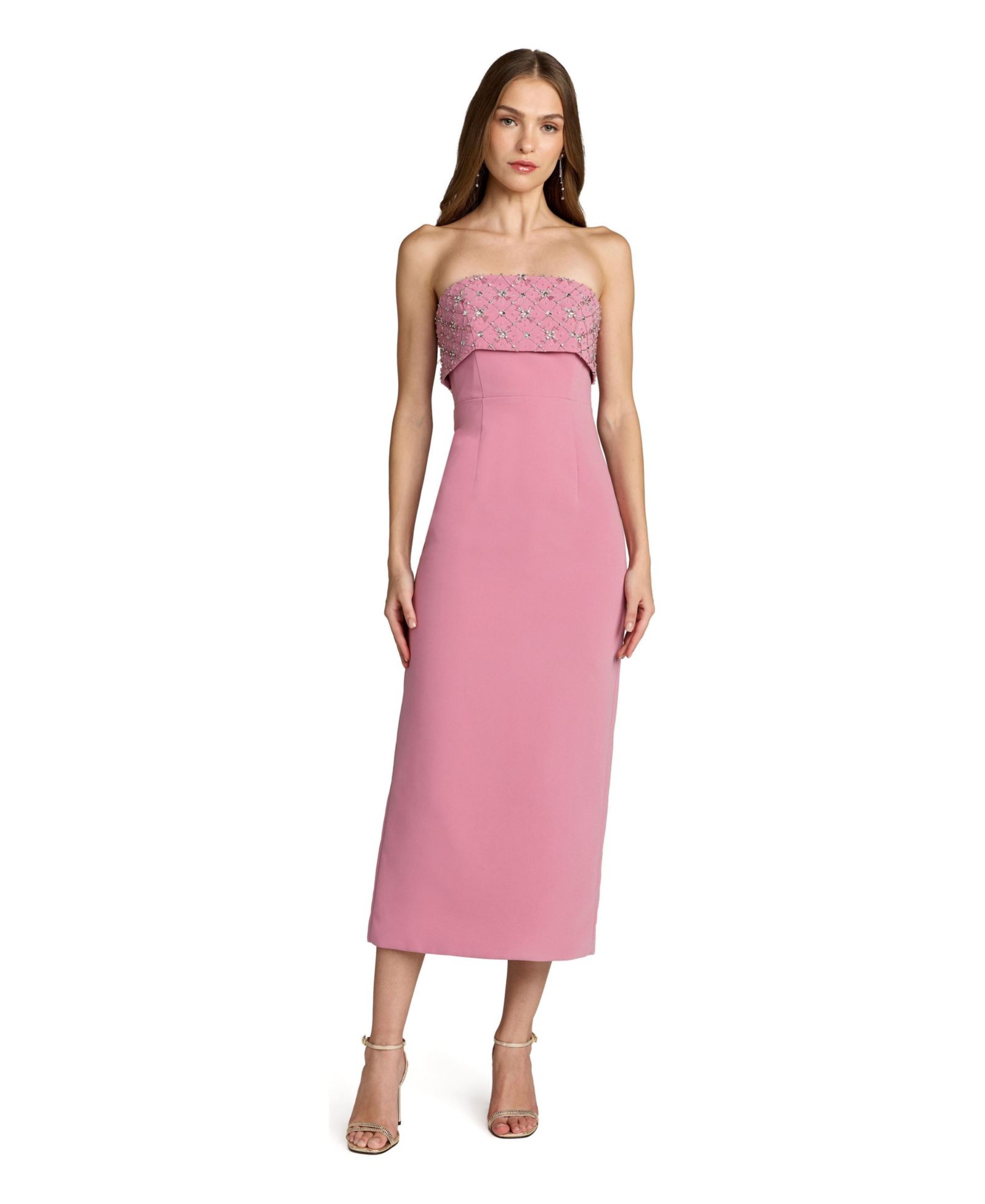 Женское миди-платье Mac Duggal Strapless Crepe Midi Dress with Rhinestone Embellished Bodice