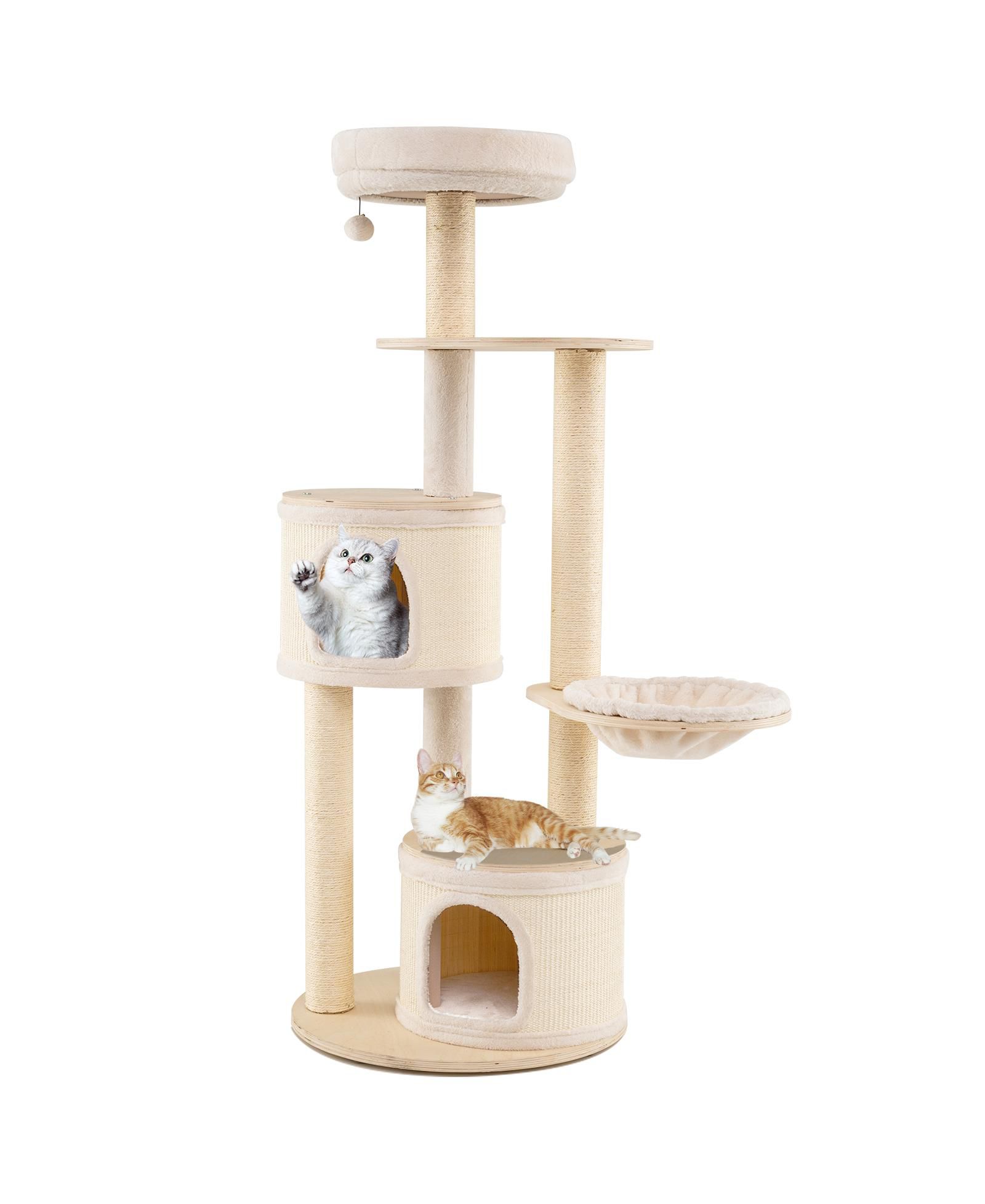 Gymax 60'' Tall Cat Tree Wooden Kitten Tower With Sisal Scratching Posts and Mat 2 Condos Perch Hammock