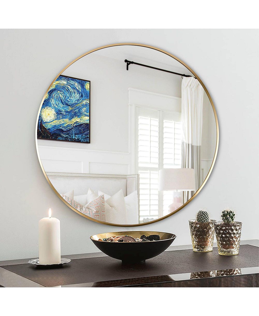 RAINSKEN Round Bathroom Mirror, 24 Inch Wall Mounted Shatterproof HD Glass Mirror with Metal Frame for Bathroom, Living Room