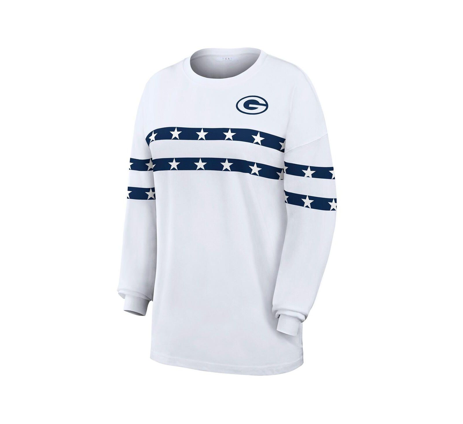 Женская футболка WEAR by Erin Andrews White Green Bay Packers Americana Stripe с длинным рукавом