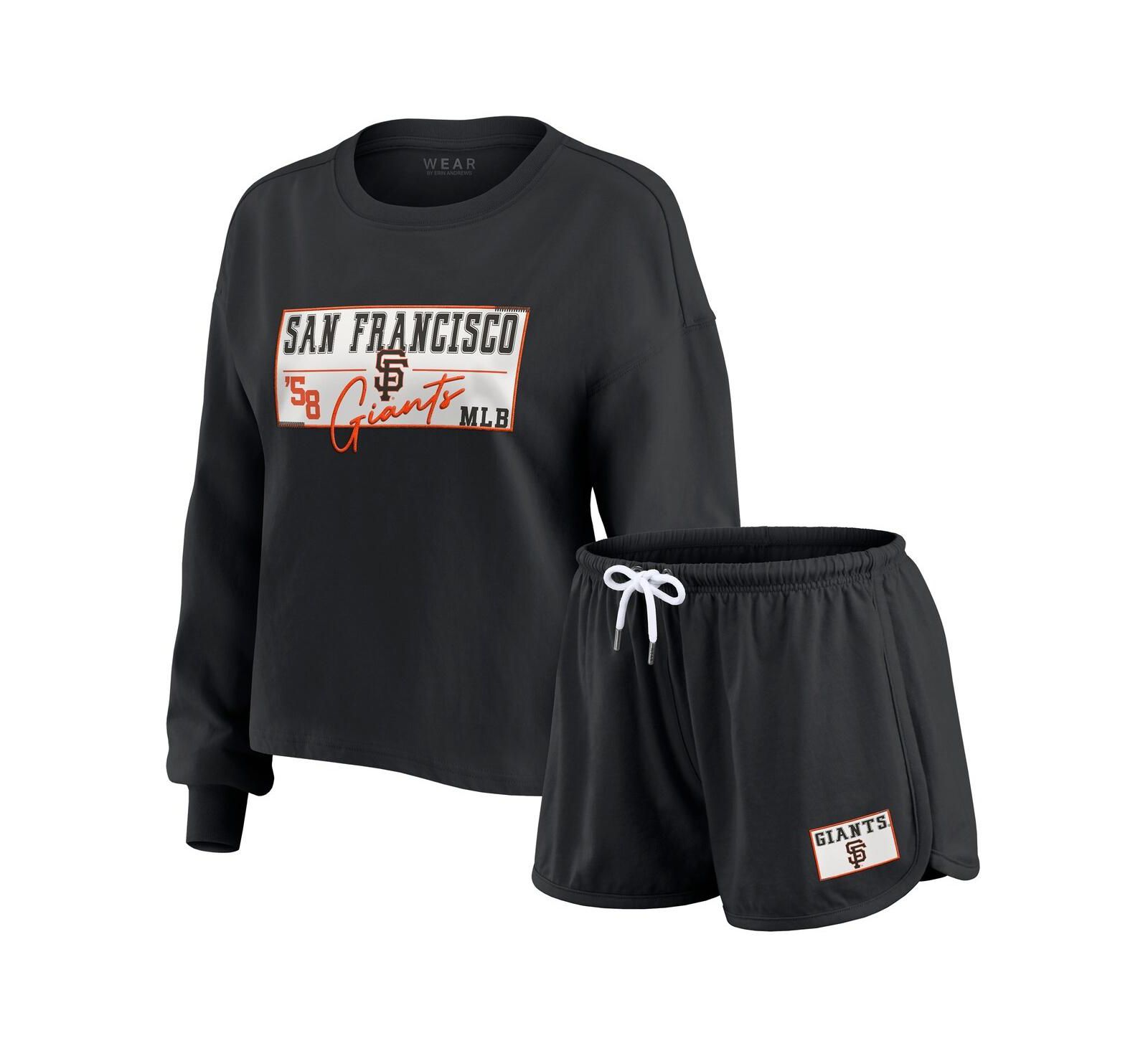 Комплект WEAR by Erin Andrews Women's 3-Piece Black San Francisco Giants Heavy Rugby Jersey Cropped Long Sleeve T-Shirt, Shorts and Lounge Set