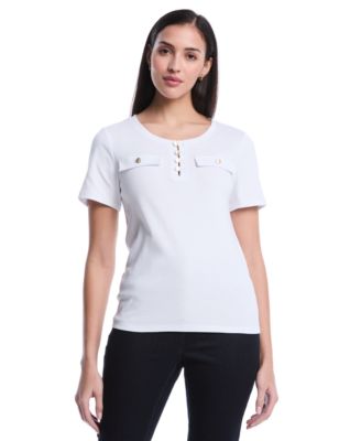 Rafaella Petite Welt Pocket Button Detail Short-Sleeve Top