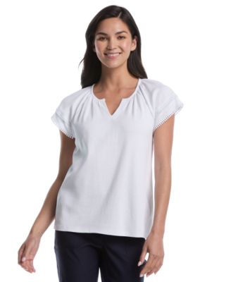 Rafaella Petite Eyelet Flutter-Sleeve Split Neck Short-Sleeve Top