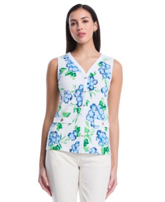 Rafaella Petite Pom Floral Print Button-Front Sleeveless Tank Top