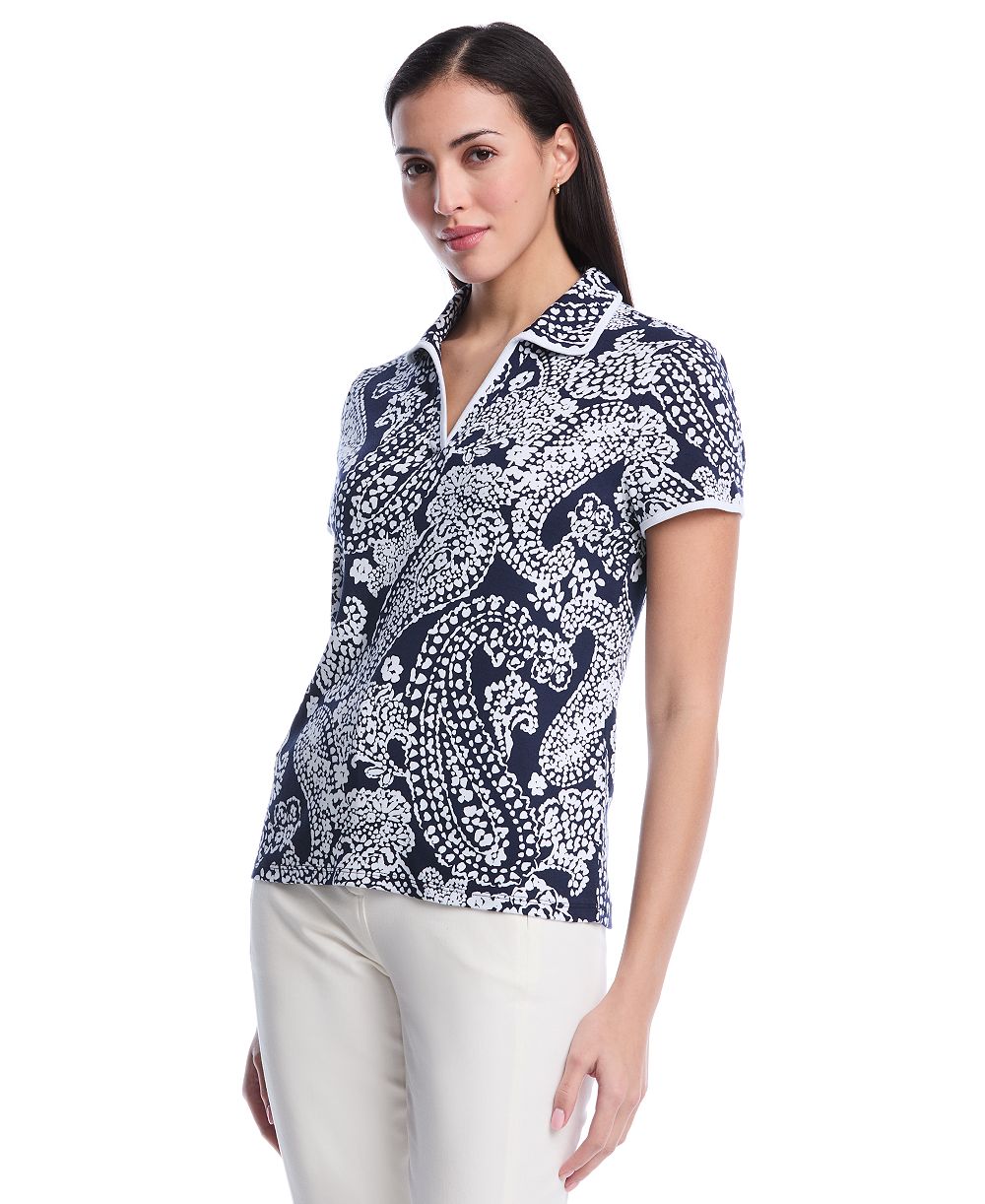 Rafaella Petite Paisley Print Contrast Trim Johnny Collar Short-Sleeve Polo Shirt