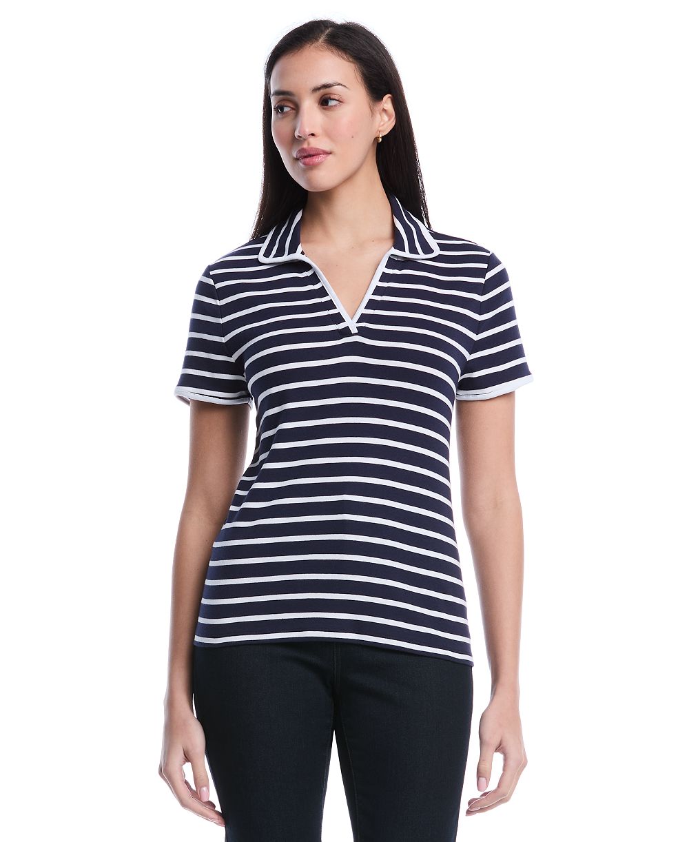 Rafaella Petite Striped Contrast Trim Johnny Collar Short-Sleeve Polo Shirt