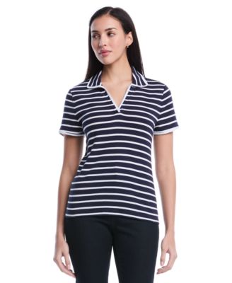 Поло рубашка Rafaella Petite Striped Contrast Trim Johnny Collar Short-Sleeve
