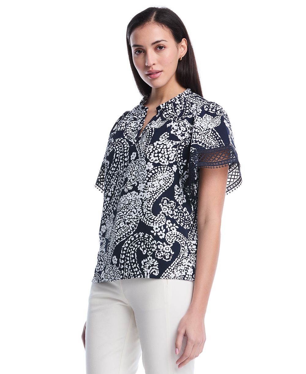 Rafaella Женская блузка Petite Paisley Print Flutter Lace Short-Sleeve